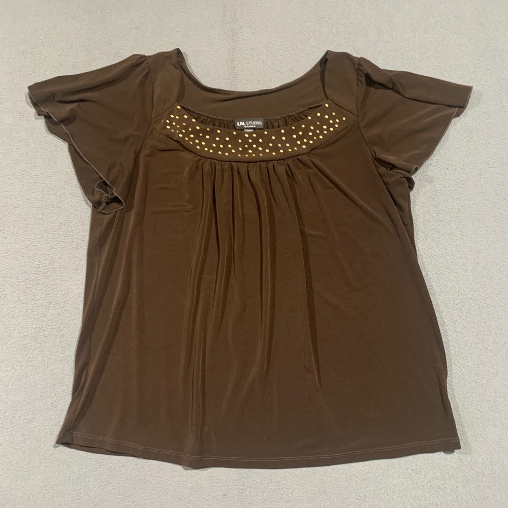 Y2K IN Studio Woman Brown Studded Flutter Sleeve Blouse Plus Size 2X Made in USA